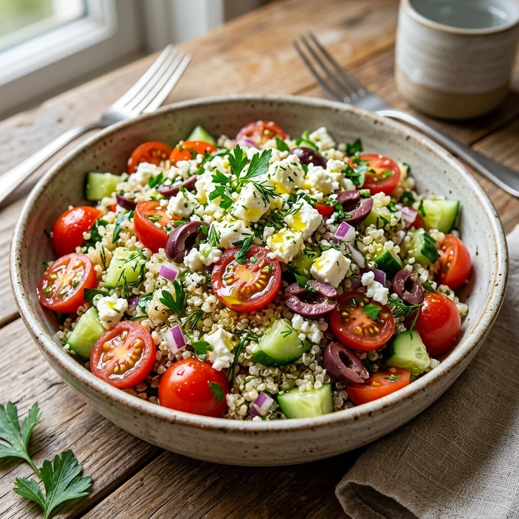 Mediterranean quinoa salad with fresh vegetables and herbs in a bowl