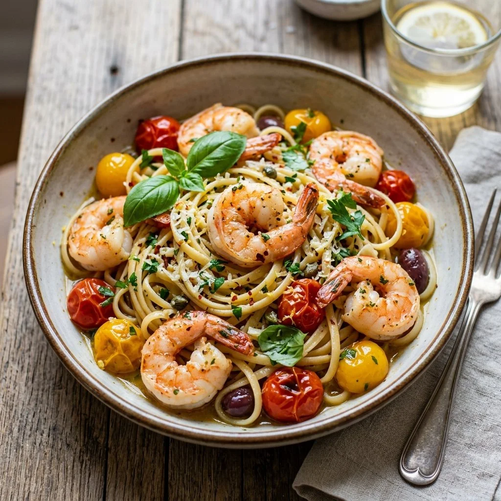 Delicious Mediterranean shrimp pasta garnished with fresh herbs and tomatoes
