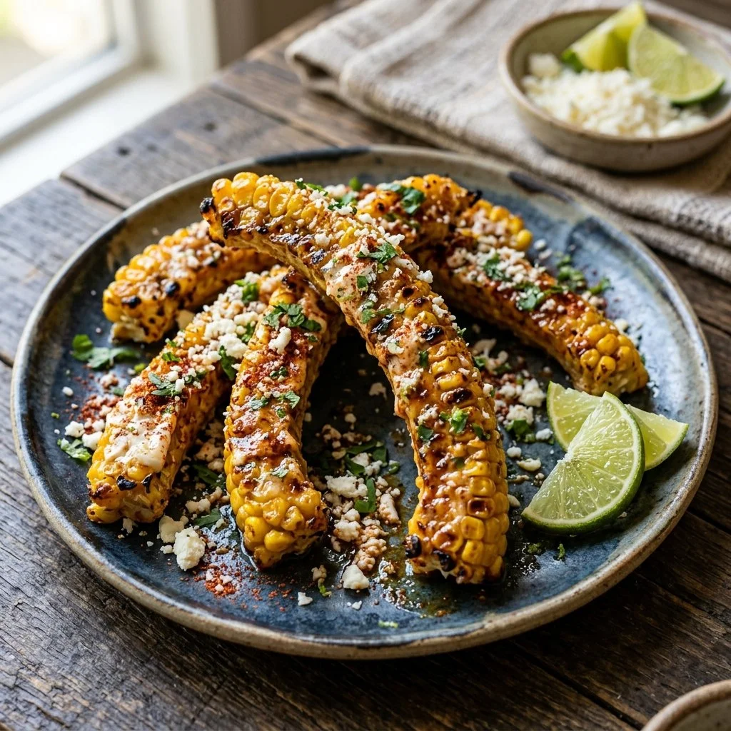 Plate of flavorful Mexican corn ribs garnished with spices and herbs
