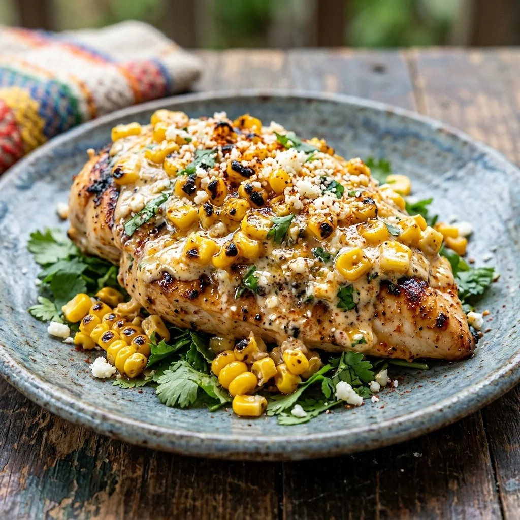 Delicious Mexican Street Corn Chicken served in a bowl with toppings.