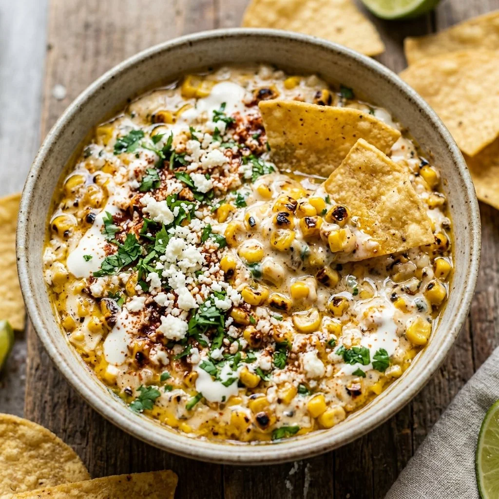 Bowl of creamy Mexican street corn dip garnished with cilantro and lime