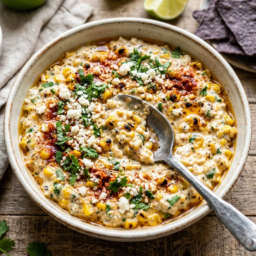 Bowl of delicious Mexican Street Corn Dip garnished with cilantro and lime