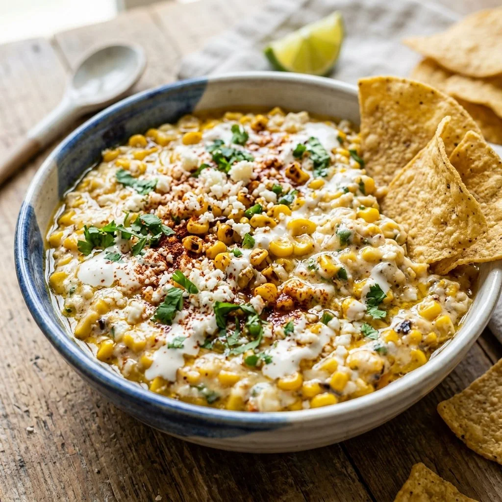 Mexican Street Corn Dip served in a bowl with tortilla chips