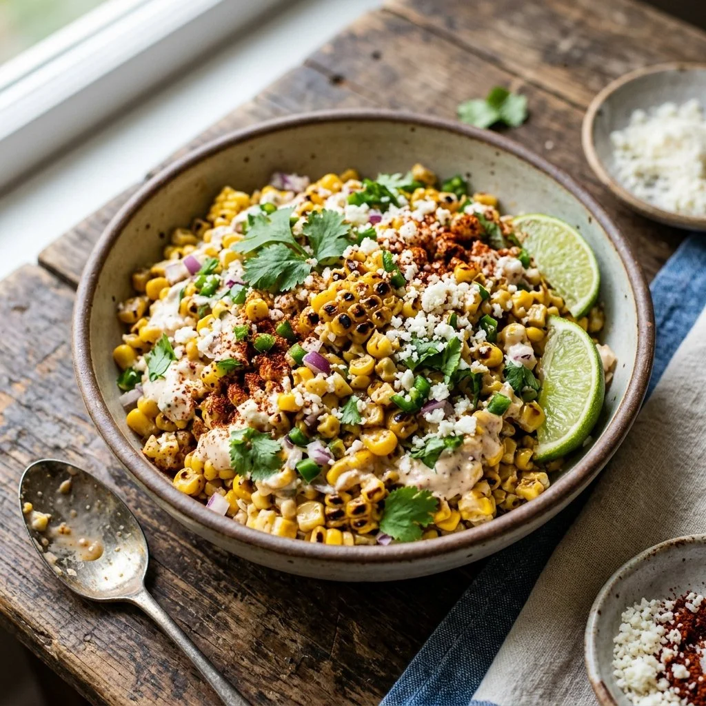 Bowl of colorful Mexican street corn salad garnished with cilantro and lime