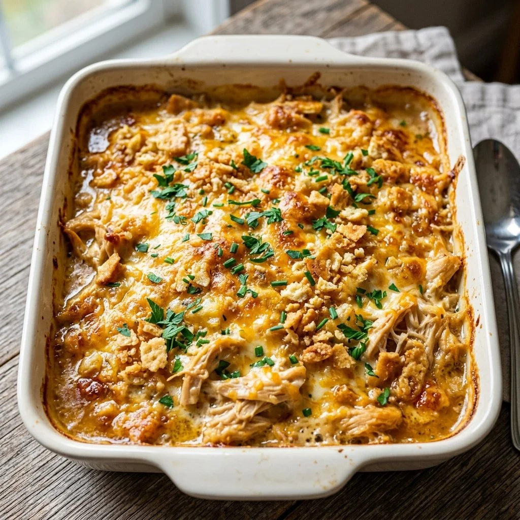 Delicious Million Dollar Chicken Casserole topped with cheese and breadcrumbs
