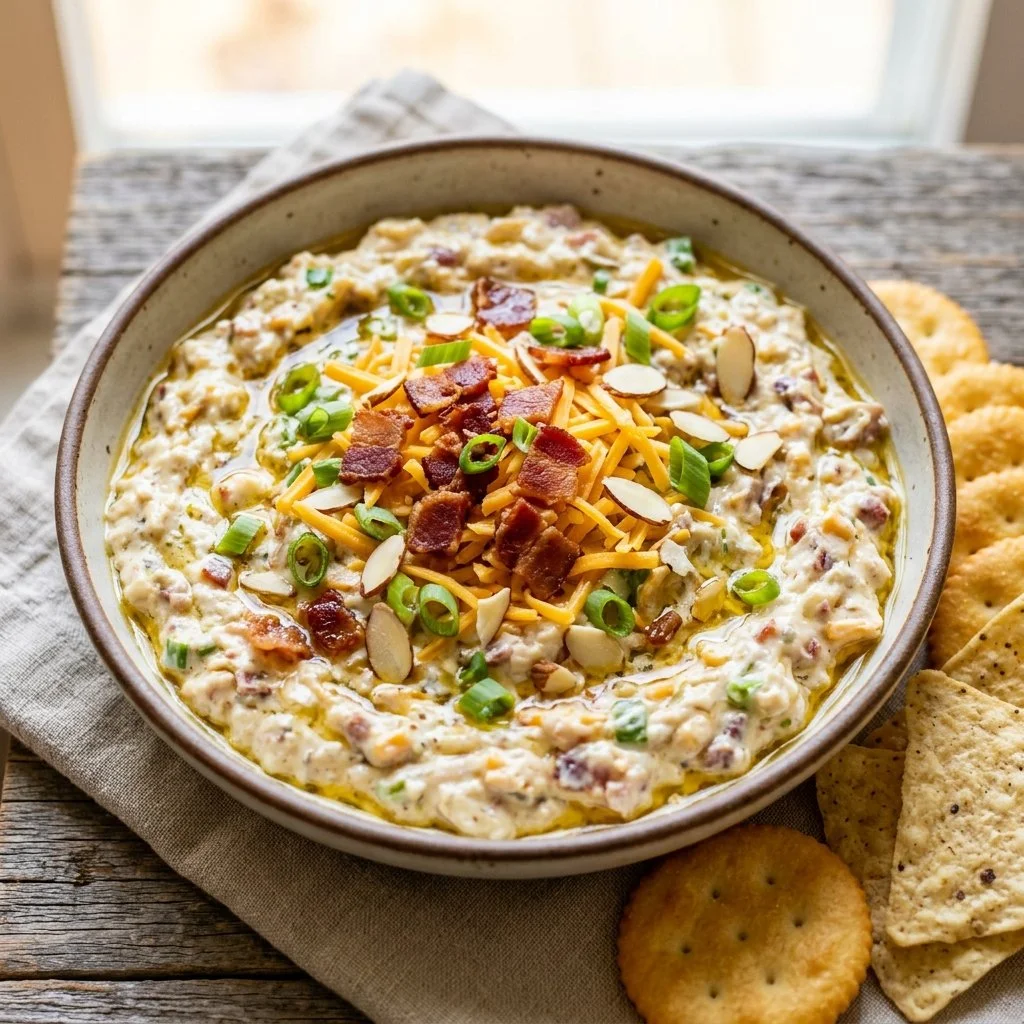 Delicious Million Dollar Dip served in a bowl with chips