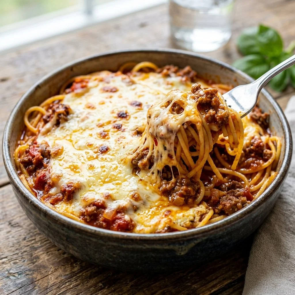 Delicious Million Dollar Spaghetti served on a plate with fresh herbs
