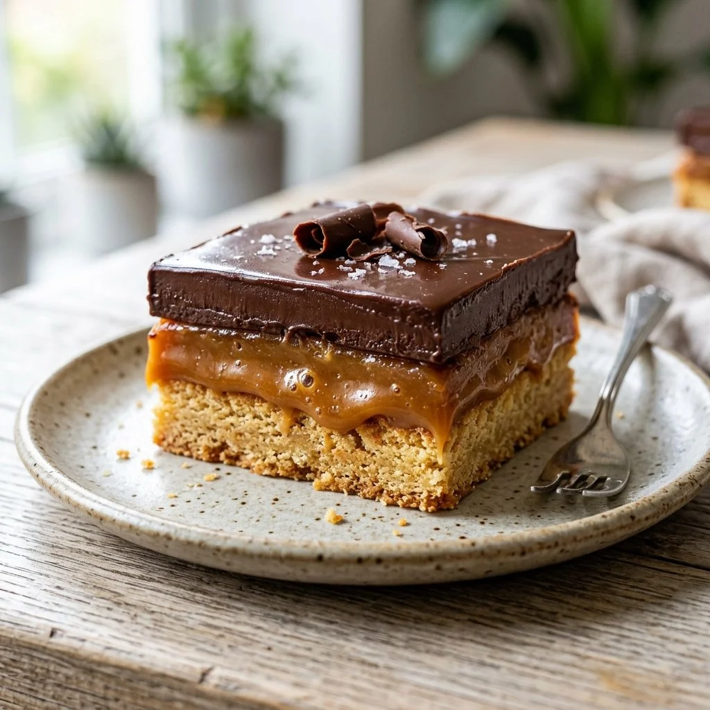 Delicious layers of Millionaire Shortbread with caramel, chocolate, and biscuit base.
