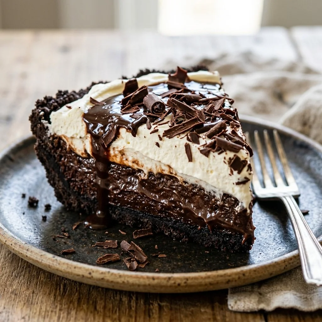 Delicious Mississippi Mud Pie with layers of chocolate and marshmallows