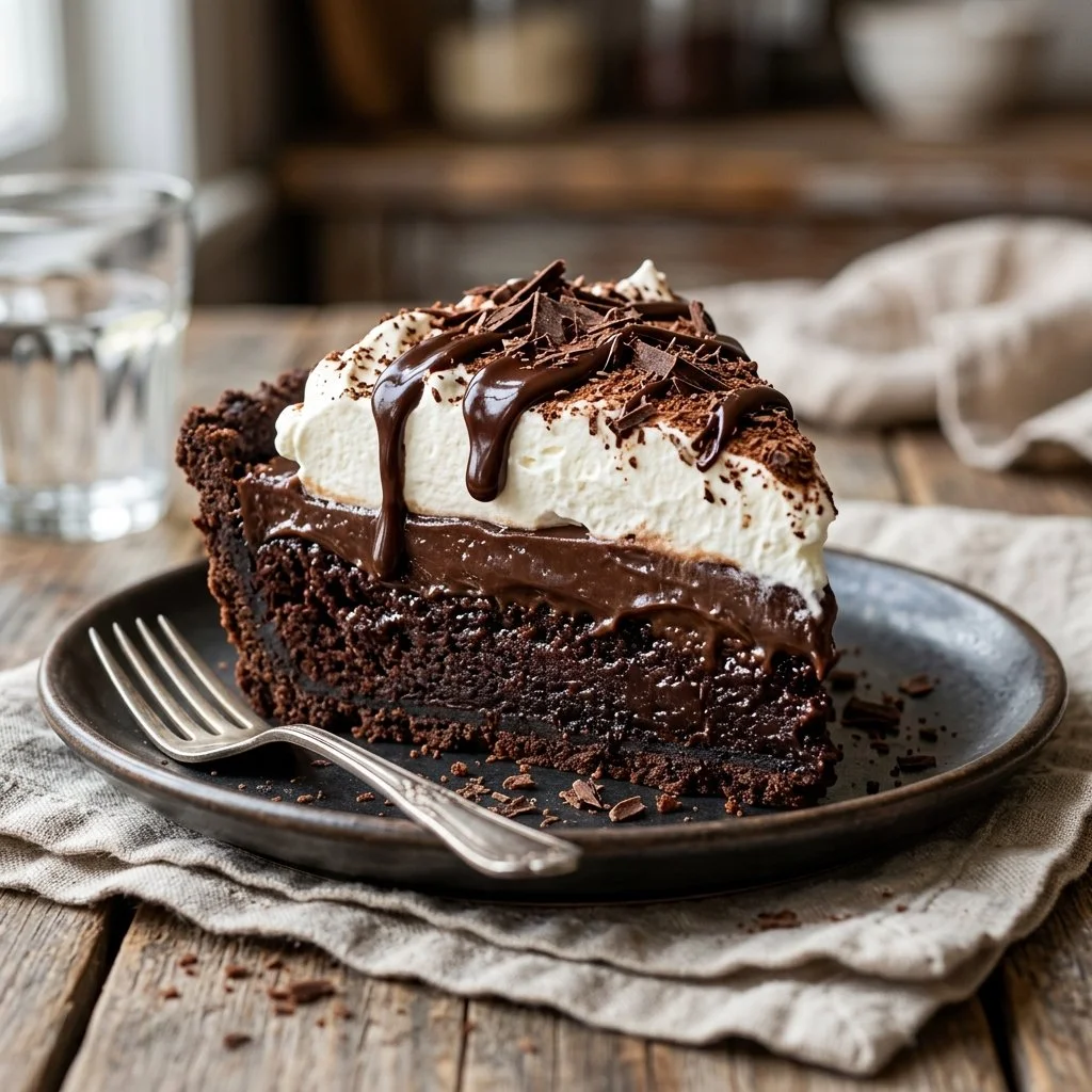 Delicious slice of Mississippi Mud Pie topped with chocolate and nuts
