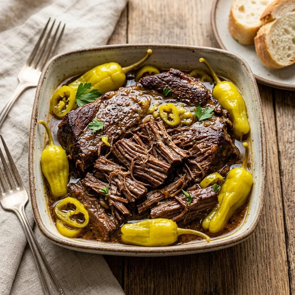 Delicious Mississippi Pot Roast in a serving dish with vegetables