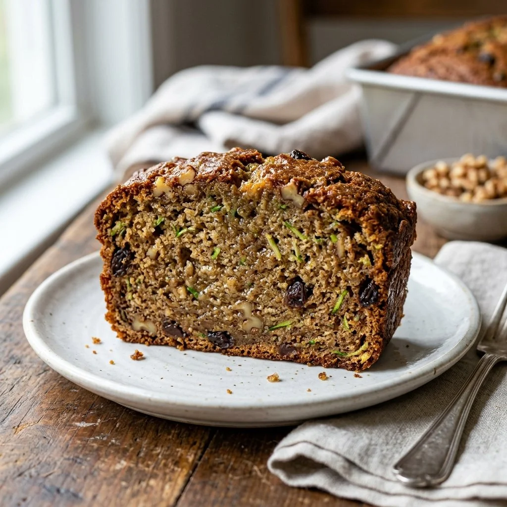 Slice of moist zucchini bread on a wooden table with fresh zucchini.