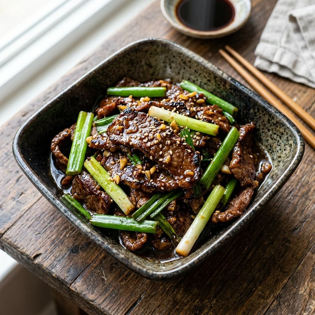 Delicious plate of Mongolian Beef served with vegetables and rice