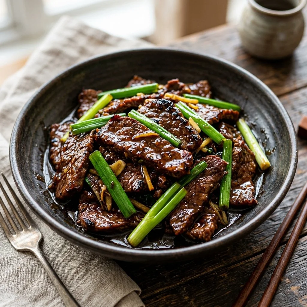 Plate of Mongolian Beef served with vegetables and rice