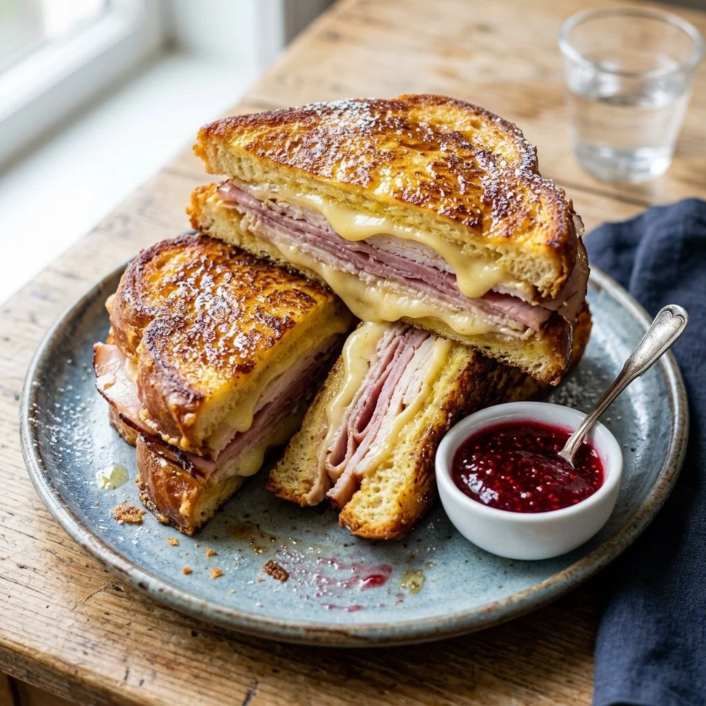 Delicious Monte Cristo sandwich with ham, turkey, and cheese, served on a plate.