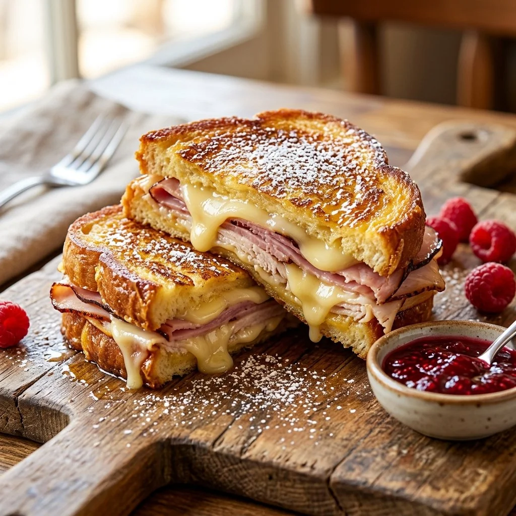 Delicious Monte Cristo sandwich with ham, turkey, and cheese, deep-fried and served warm