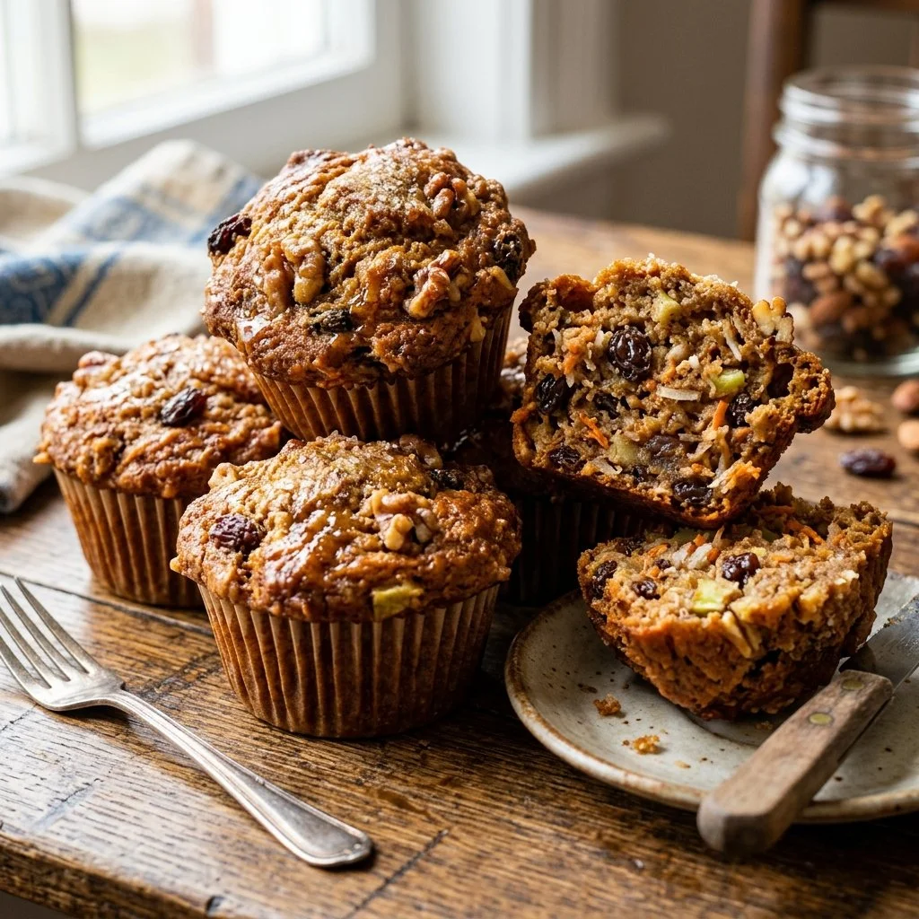 Freshly baked Morning Glory Muffins with fruits and nuts