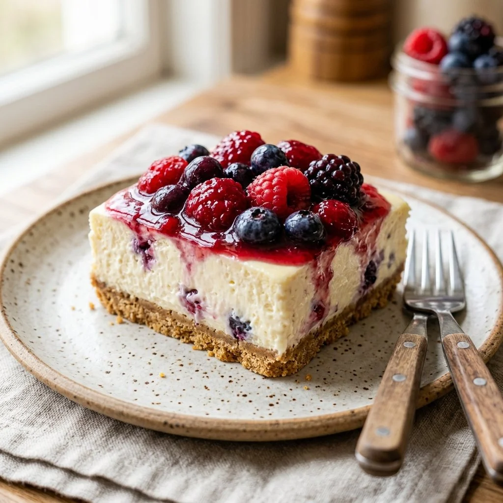 Creamy no-bake cheesecake topped with fresh berries on a white plate.
