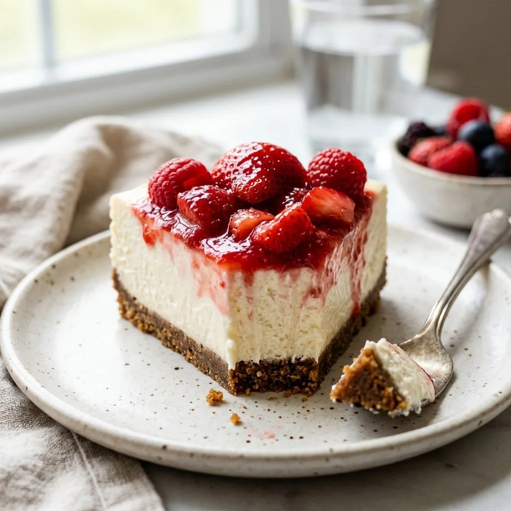 Delicious no bake cheesecake slice topped with fresh strawberries.