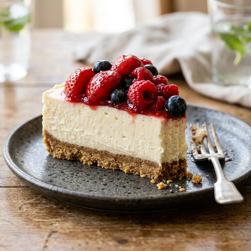 Delicious no bake cheesecake topped with fresh berries