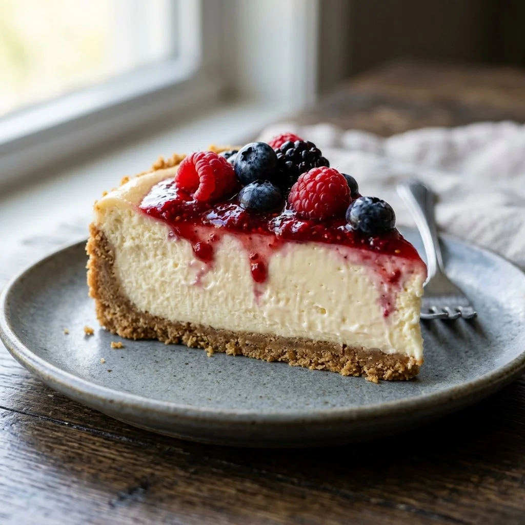 Delicious no bake cheesecake topped with fresh berries and whipped cream