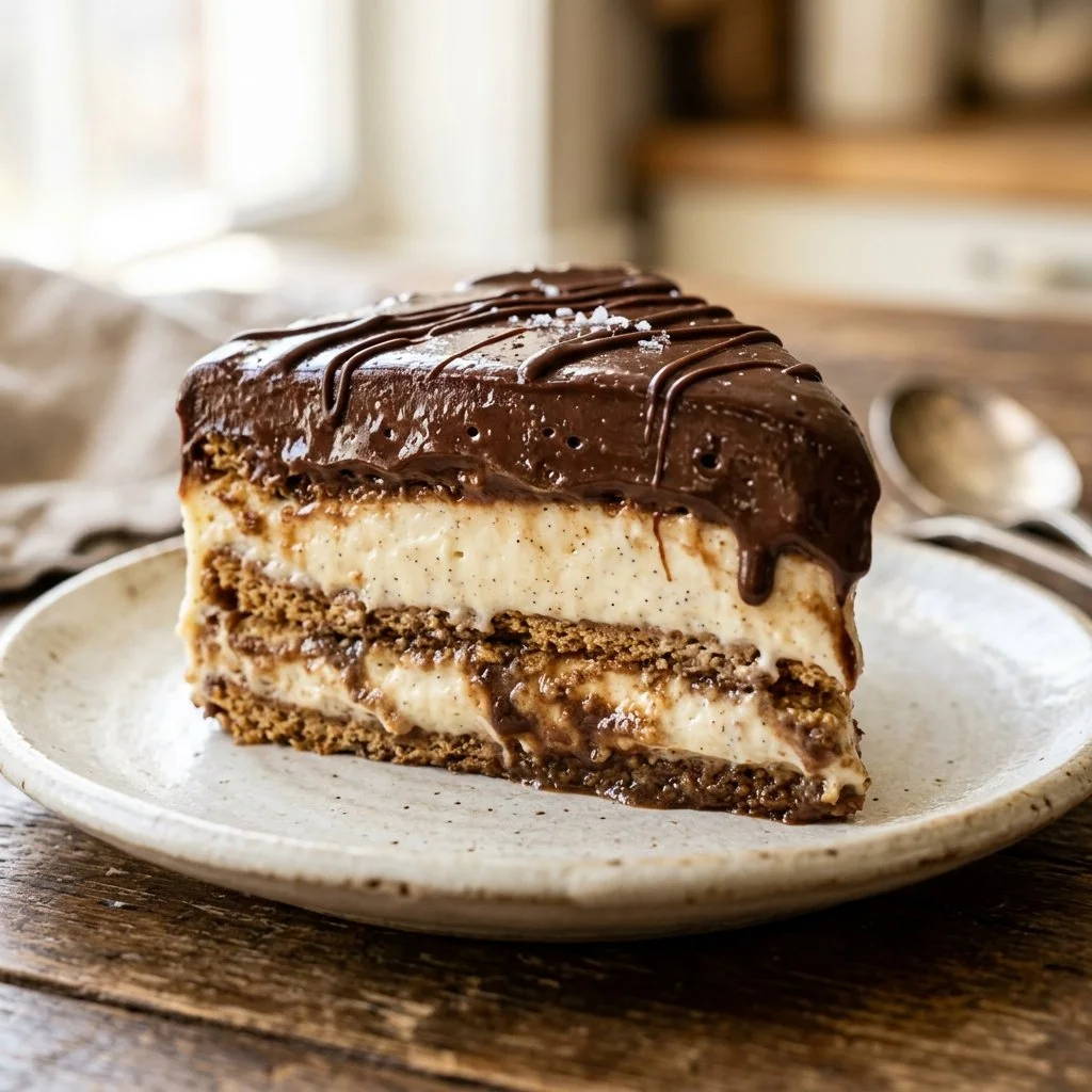No Bake Eclair Cake topped with chocolate glaze and whipped cream