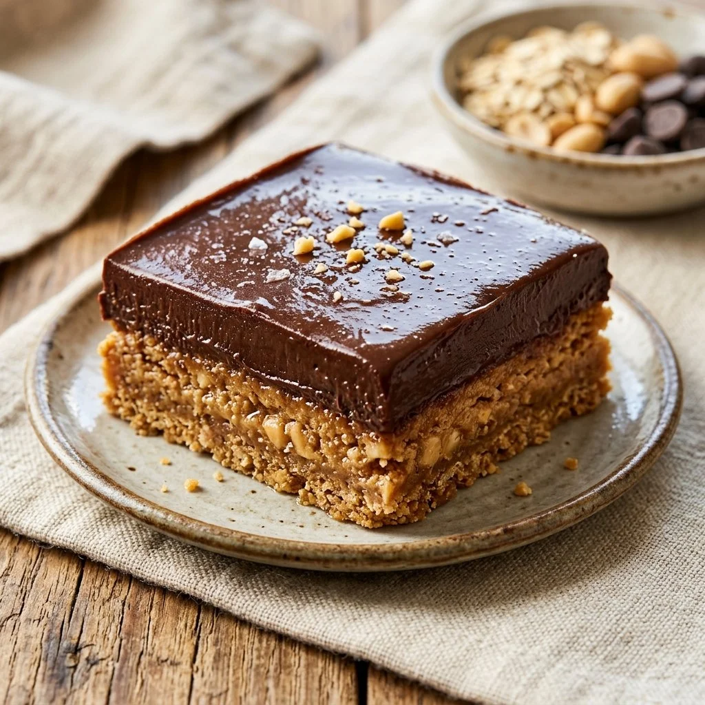 Delicious no-bake peanut butter bars on a plate