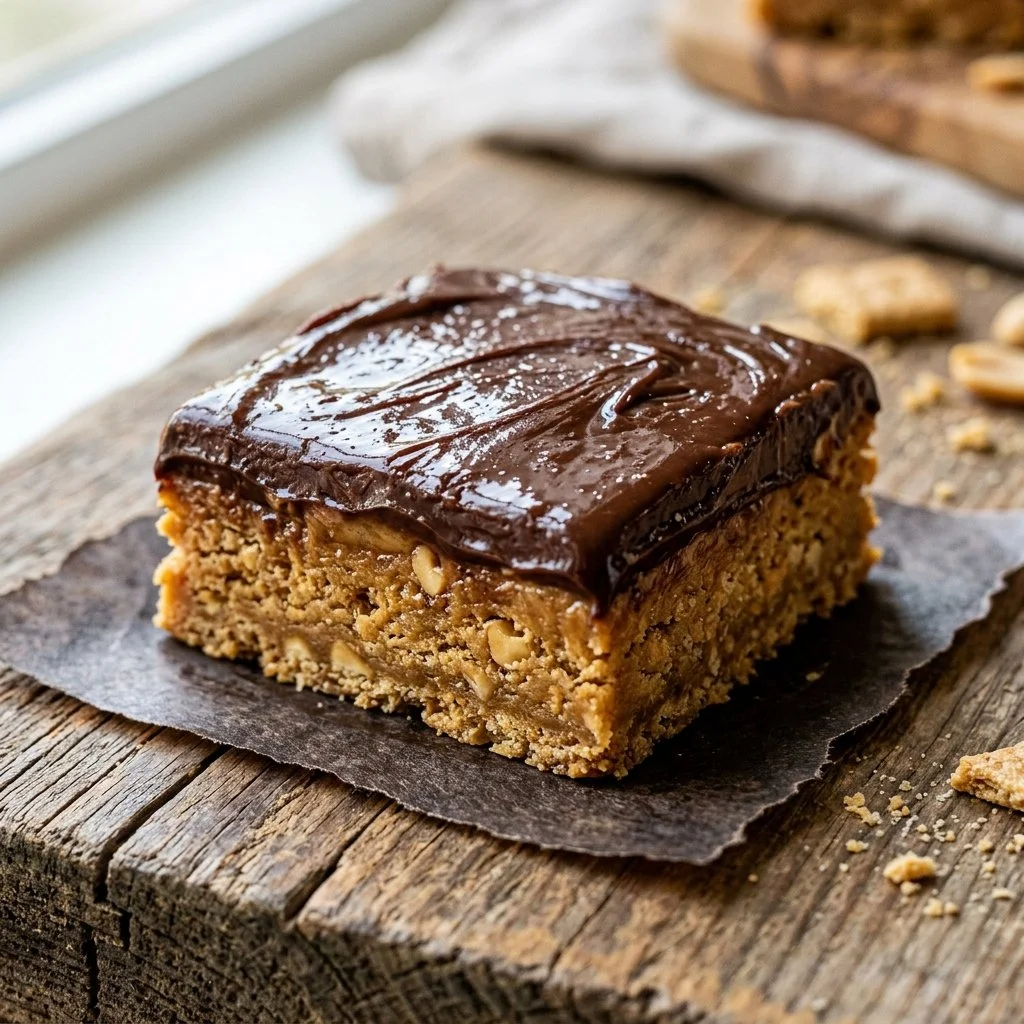 No bake peanut butter bars stacked on a plate, showcasing their creamy texture.