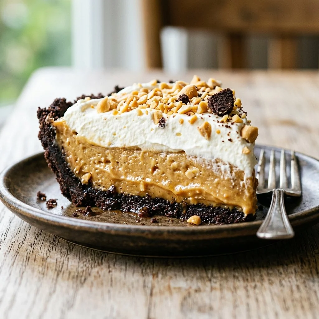 Delicious no-bake peanut butter pie slice on a plate with a fork