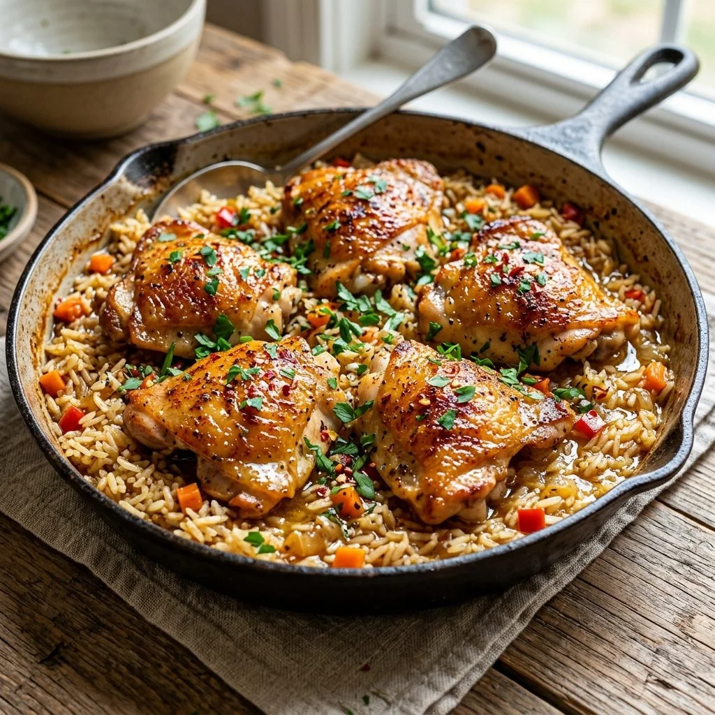 One Pan Chicken and Rice dish cooked in a skillet with vibrant colors and herbs.