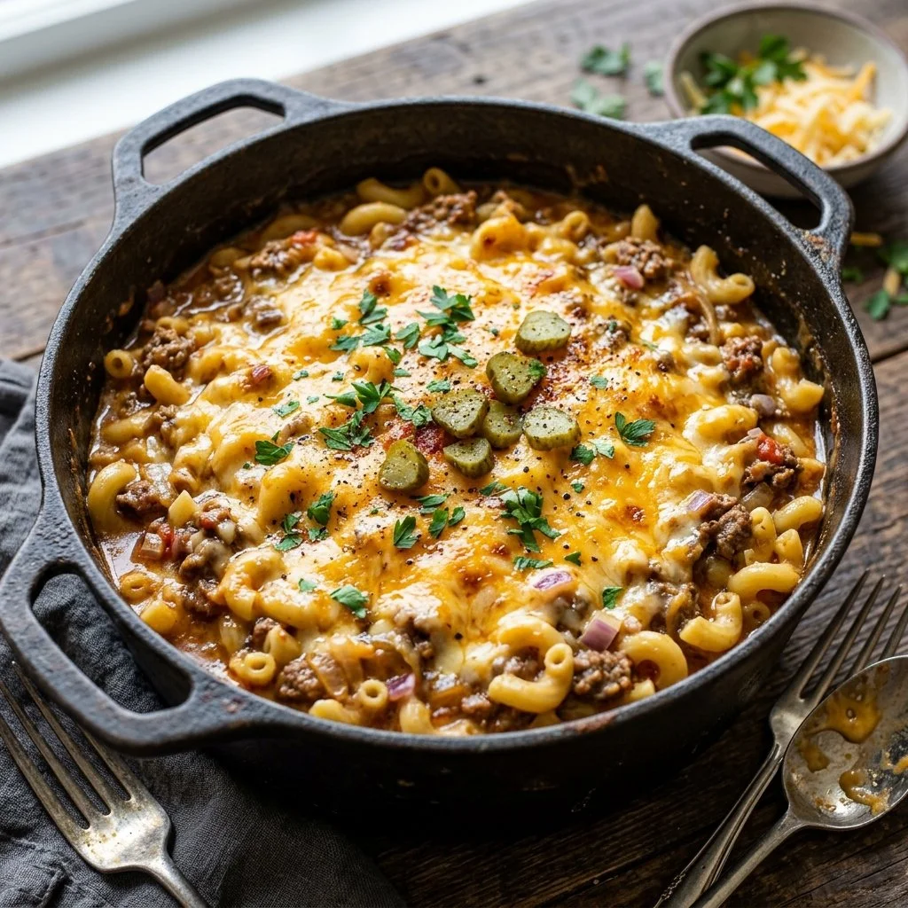 One Pot Cheeseburger Pasta in a skillet ready to serve
