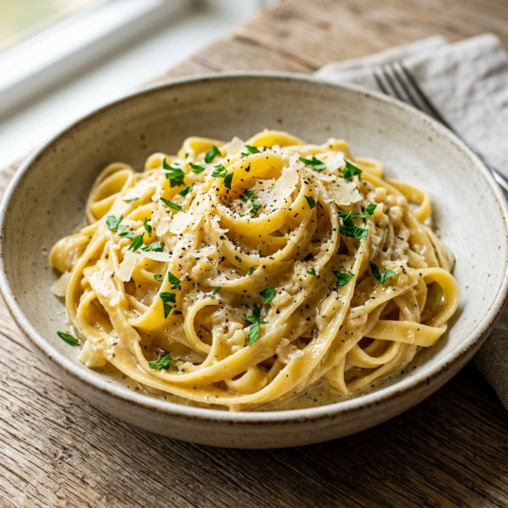 One Pot Garlic Parmesan Pasta served in a bowl with parsley garnish.