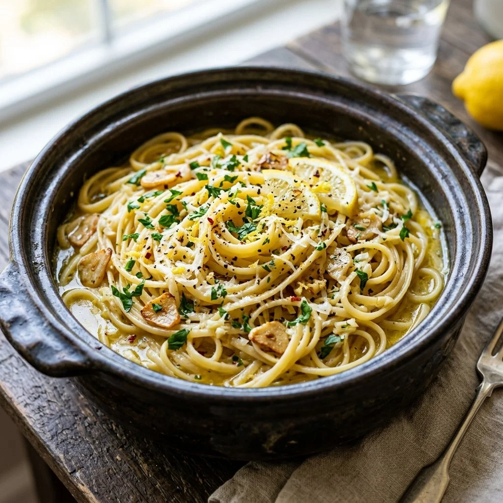 Bowl of One Pot Lemon Garlic Pasta garnished with fresh parsley and lemon slices.