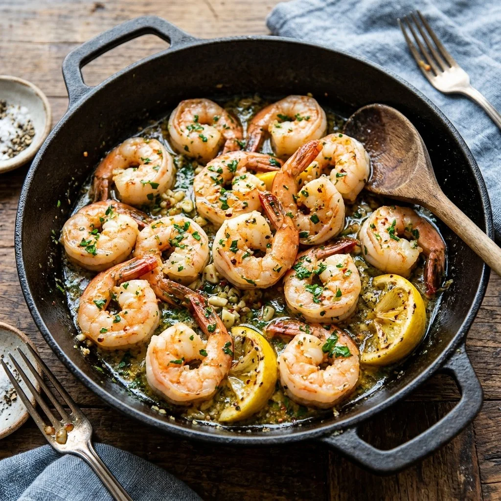 One Pot Lemon Garlic Shrimp in a skillet, garnished with parsley.
