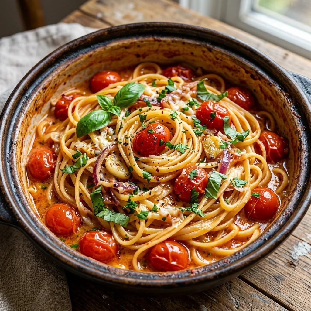 One pot pasta dish served with fresh herbs and ingredients