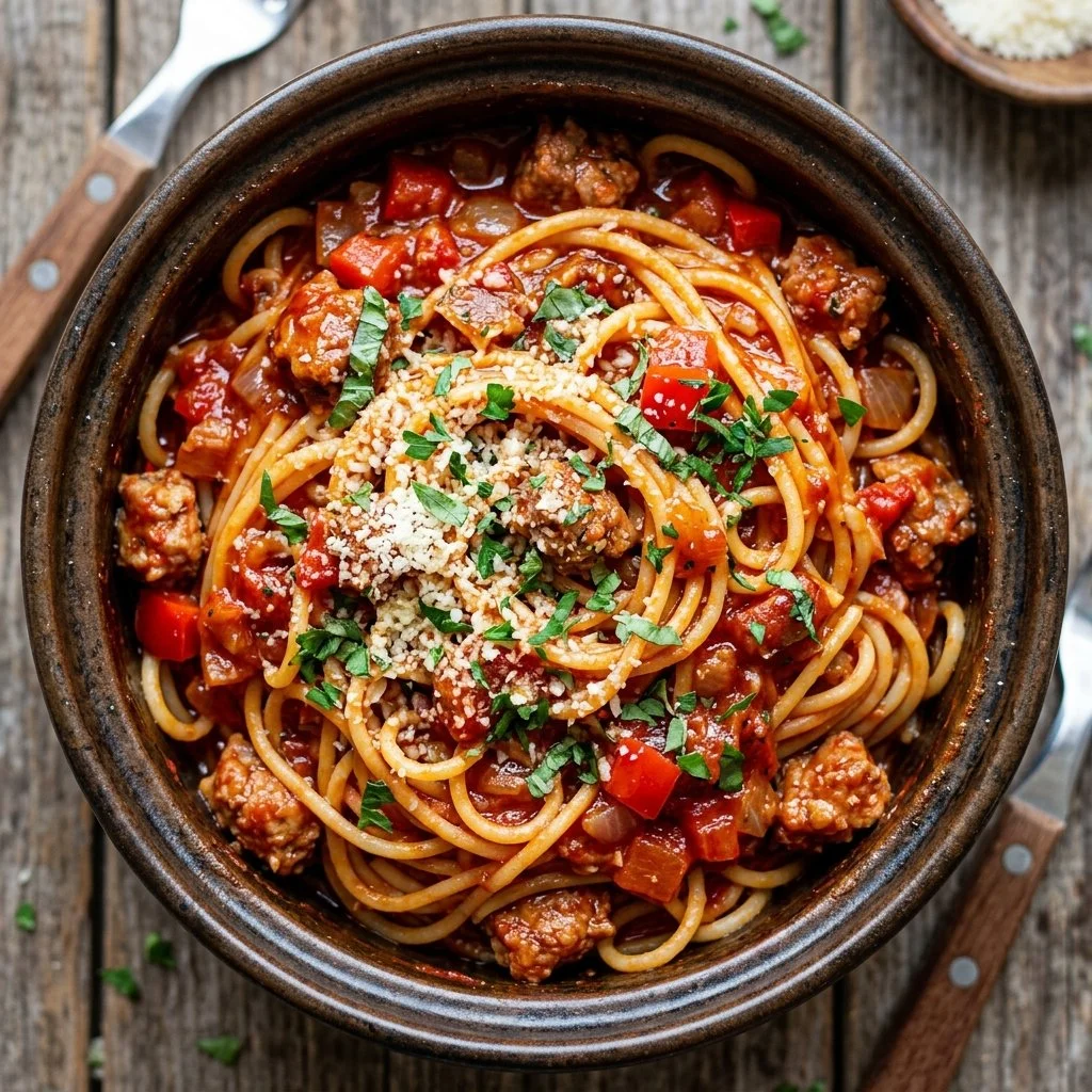 One Pot Spaghetti dish showing noodles and sauce in a pan