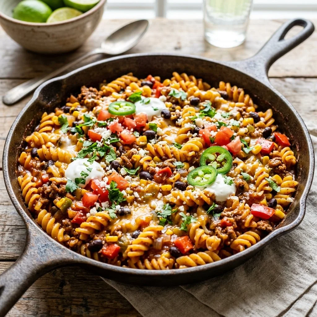 One Pot Taco Pasta in a skillet, garnished with fresh herbs and cheese