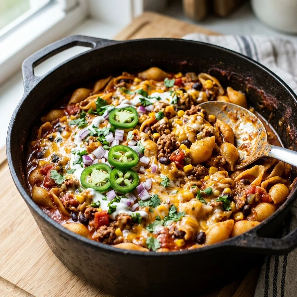 One pot taco pasta served in a bowl with fresh toppings