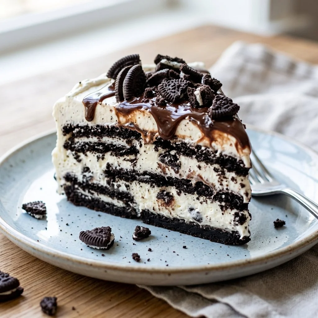 Delicious Oreo Icebox Cake layered with cookies and cream
