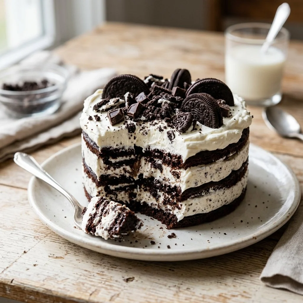 Decadent Oreo Icebox Cake with layers of cookies and cream