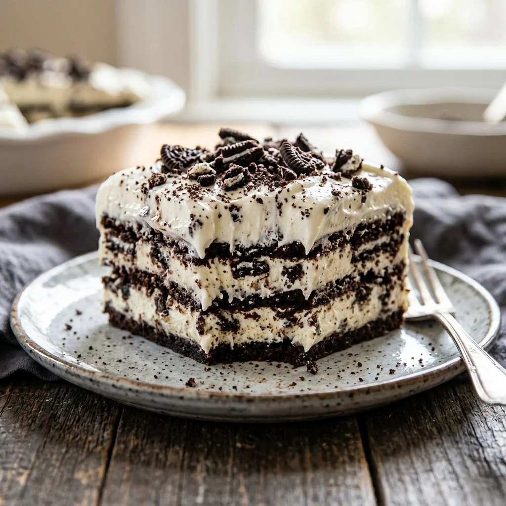 Delicious layered Oreo Icebox Cake with creamy filling and chocolate cookies.
