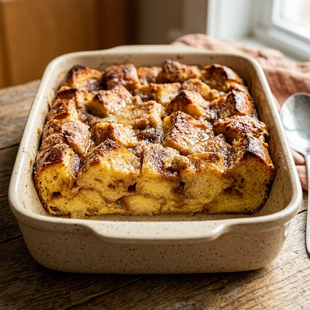 Baked Overnight French Toast Casserole topped with syrup and berries
