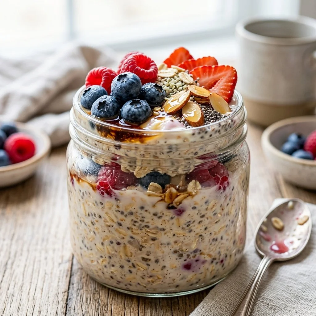 Bowl of colorful overnight oats topped with fruits and nuts