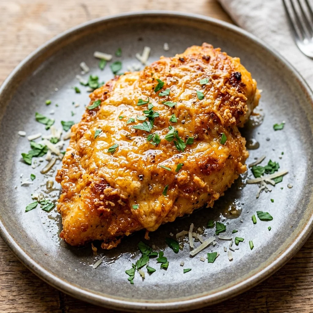Deliciously baked Parmesan Crusted Chicken with a golden, crispy topping