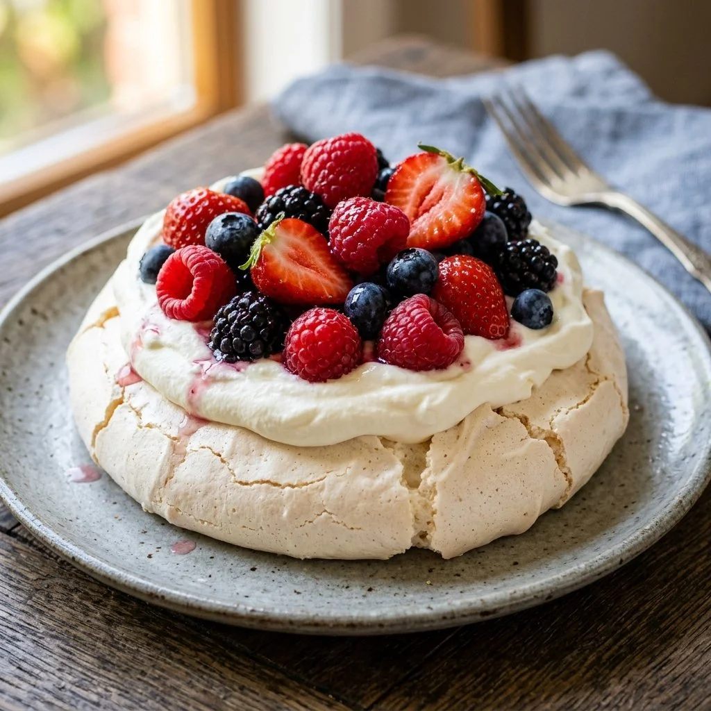 Delicious pavlova topped with fresh berries on a white plate
