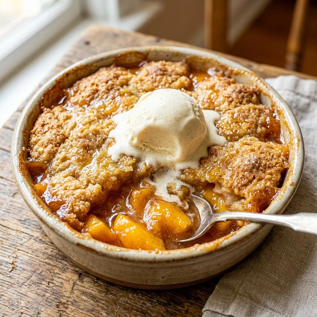 Delicious homemade peach cobbler with fresh peaches and a golden crust