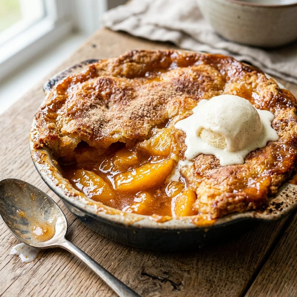 Delicious peach cobbler dessert with golden crust and fresh peaches