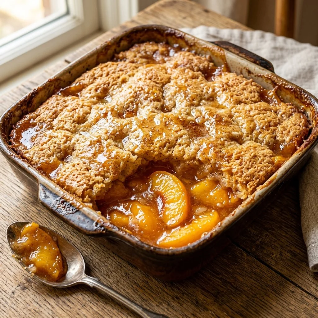 Delicious homemade Peach Cobbler served with a scoop of ice cream.