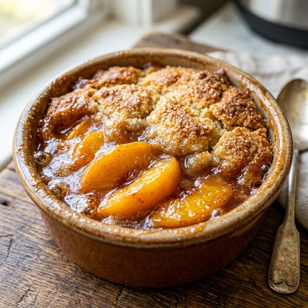 Delicious homemade Peach Cobbler served warm with a scoop of vanilla ice cream.