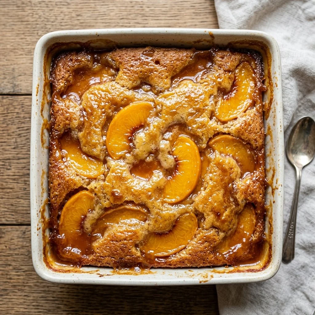 Delicious Peach Dump Cake topped with fresh peaches and cake mix